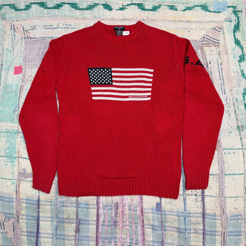 Vintage Polo Jeans Co Ralph Lauren USA Flag Knit Sweater M